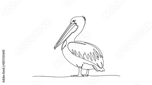 Sketch of a pelican standing with a curved beak on the shore  