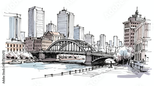 Artistic watercolor sketch of a city bridge over a river with background skyline