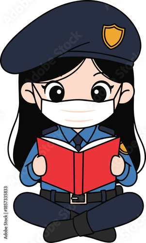 Cute cartoon police girl wearing a medical face mask reading a red book, law enforcement education concept isolated on white.