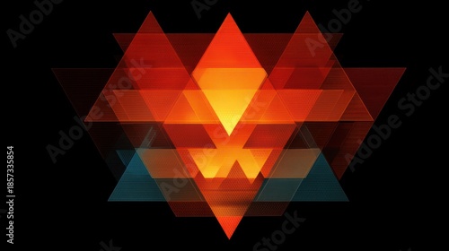 Abstract design featuring overlapping triangles in vibrant orange, red, and teal tones on a deep black background.