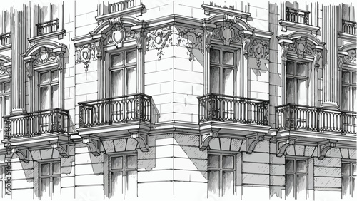 Close up architectural detail of an ornate classical building facade with balconies