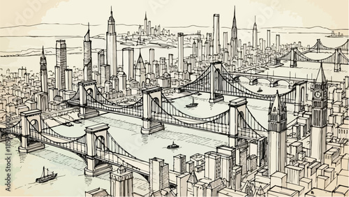 Extensive panoramic sketch of a city harbor with bridges and tall skyscrapers