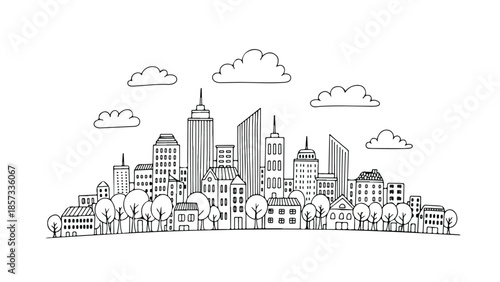 Playful cartoonish sketch of a city skyline with fluffy clouds and round buildings