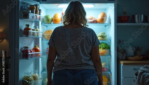 Overweight woman stands near open refrigerator at night looking for food. Problems of obesity overeating concept, midnight snack, late night eating habit, emotional eating.