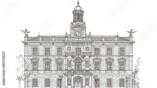 Grand classical administrative building with central clock tower and ornate facade