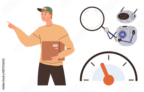 Man carrying a box pointing forward, AI robot analyzing with magnifying glass, and speedometer highlighting performance and productivity. Ideal for delivery, AI technology, analysis, efficiency