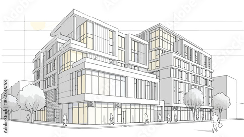 Modern multi-story commercial building with glass facade and street landscaping