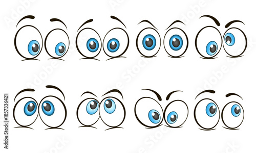 Black and white cartoon eyes set with different emotions and expressions. Clean line art style, isolated on white. cartoon eyes, funny faces, cute emotions, comic eyes, emoji style