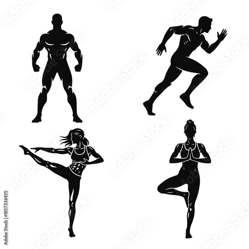 Black silhouettes of athletic men and women in fitness and yoga poses on white background. fitness silhouette, yoga pose, sport figure, active body, training icon