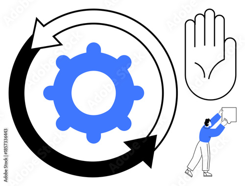 Workflow efficiency. Gear with circular arrows workflow improvement. Workflow elements thumbs up a hand and person emphasizing cooperation and optimization. For management, teamwork, process planning