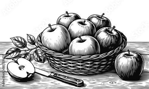 An illustration of apples in a wicker basket on a wooden table, with a knife and a sliced ​​apple. Basket of apples, vintage engraving, black and white, fruit illustration