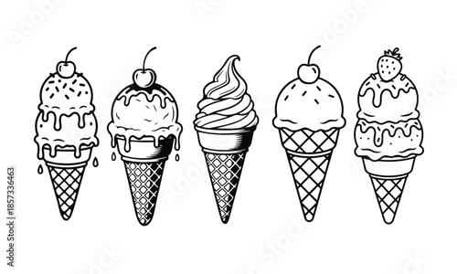 Ice cream cone assortment. Ice cream, sweet dessert, creamy cone, summer treat, cold appetizer