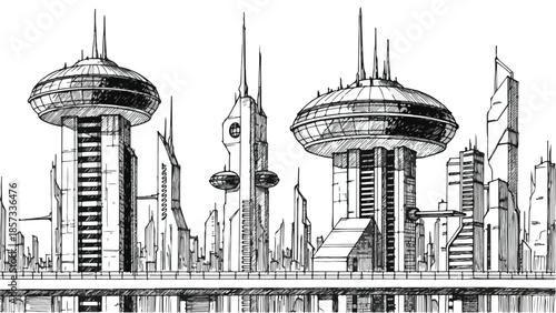 Futuristic city landscape with iconic saucer shaped towers and sky bridges