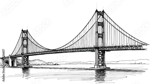 Simplified line drawing of a massive suspension bridge spanning over water