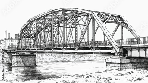 Detailed sketch of an industrial steel truss bridge over a river