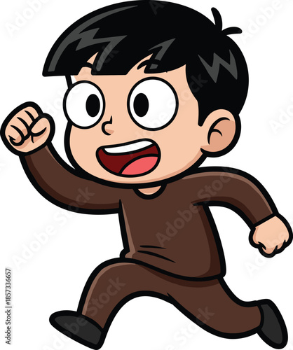Cute happy chibi boy with black hair running fast wearing brown clothes energetic child character illustration isolated on white background