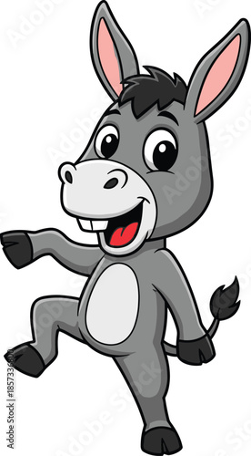 Cute happy gray donkey cartoon character waving hoof and dancing friendly animal mascot illustration isolated on white background vector art