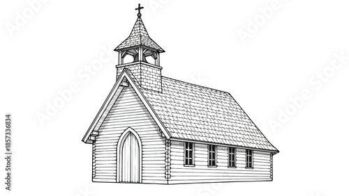 Traditional rural wooden church sketch with a simple bell tower and landscape