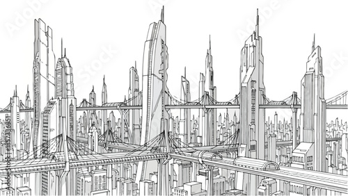 Futuristic high tech city skyline with slender towers and interconnected walkways