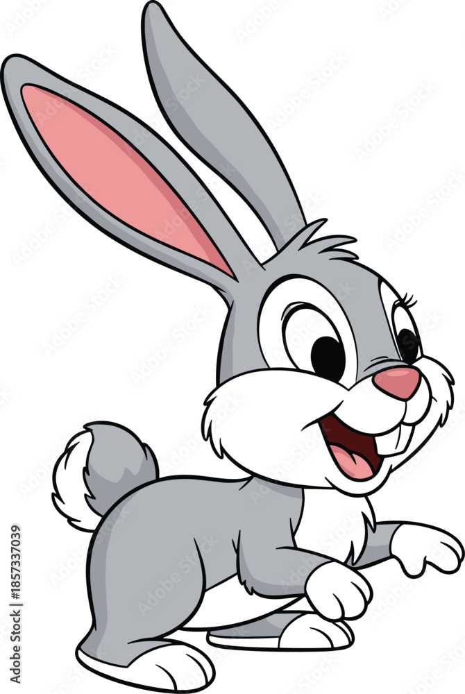 Obraz premium Cute happy gray rabbit cartoon character with long ears and friendly smile standing isolated on white background vector animal illustration