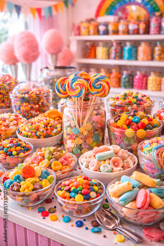 Bright candy store interior filled with jars of colorful sweets, lollipops, and treats creating a playful and joyful atmosphere..