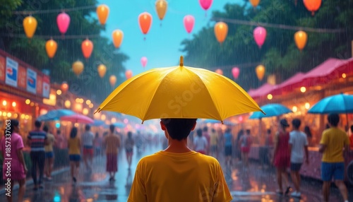 Wallpaper Mural Person with yellow umbrella walks street festival. Lanterns glow bright, rain falls on crowds enjoying night. Colorful stalls line wet urban path. People gather happily, celebrating wet weather. Torontodigital.ca
