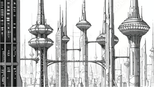 Futuristic urban city skyline with slender high tech towers and sky bridges