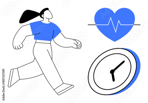Fitness, health tracking, time management, cardiology, active lifestyle, wellness improvement. Minimalist design with a running woman, heartbeat symbol and clock. Fitness and health tracking concept