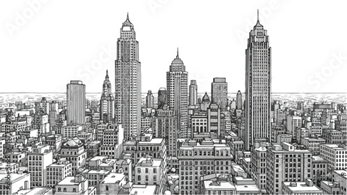 Detailed panoramic sketch of a historic city district with high rise towers