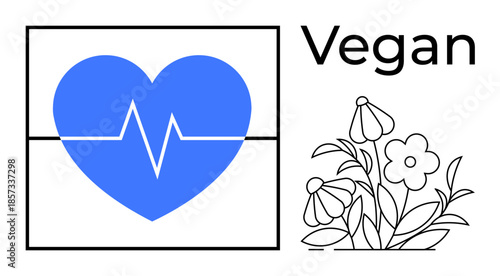 Healthy living, eco-conscious choices, plant-based diet, wellness , sustainability, heart health. Blue heartbeat symbol beside floral elements. Healthy living and eco-conscious choices concept