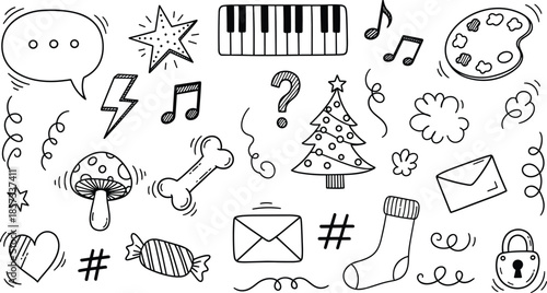 Hand drawn doodle set with musical notes, star, heart, lightning bolt, and creative symbols for school, social media, and design.