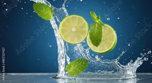 Lime and mint slices in water splashes