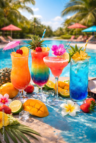 Bright tropical cocktails with fresh fruit garnishes served beside a swimming pool, creating a vibrant summer vacation and resort atmosphere..
