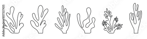 Organic seaweed and coral silhouettes in black; abstract underwater plant shapes, minimalist aquatic leaf collection; modern vector illustration set