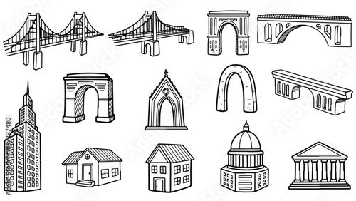 Architectural asset collection including bridges, houses, and classical domes