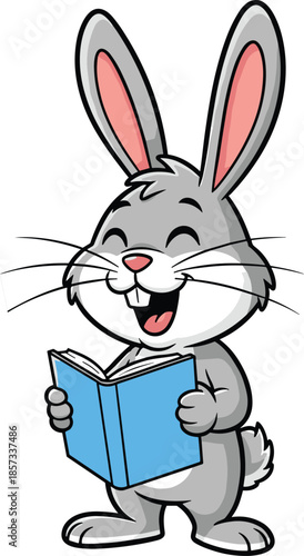 Happy Cartoon Gray Rabbit Reading a Blue Book, Cute Bunny Student Character for Education, Back to School, and Storytelling Design.