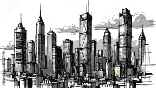 Detailed sketch of a dense cluster of modern metropolitan skyscrapers