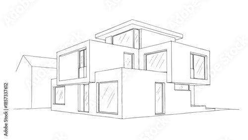 Abstract geometric architectural sketch of cubic interconnected housing blocks