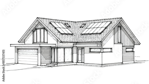 Modern suburban house with dual gabled roofs and solar panels sketch