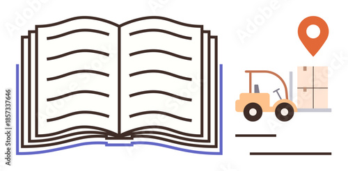Open book with forklift carrying package and location pin suggests transport, warehouse, geographic tracking, education. Ideal for logistics, transportation, study, training, commerce delivery