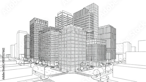 Perspective view of a modern urban intersection with tall apartment buildings