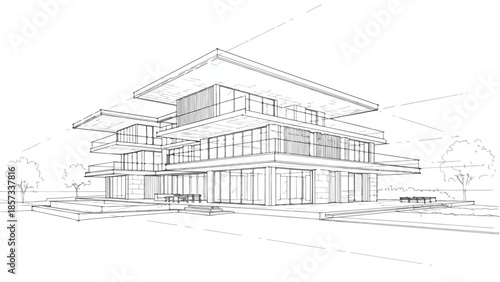 Modernist residential house sketch with stacked geometric levels and terraces