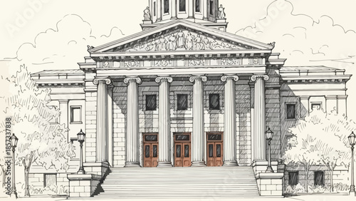 Formal neoclassical institutional building facade with grand entrance and columns