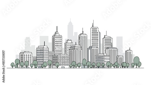 Linear minimalist sketch of a city skyline with small green trees in foreground