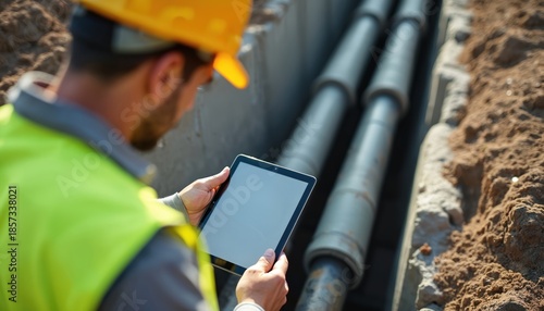Construction worker inspects pipeline trench using tablet. Man in hard hat and safety vest checks digital plan on screen. Utility infrastructure development underway.