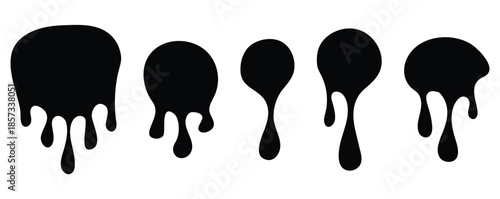 Black dripping liquid silhouettes and melting circle shapes, paint drip icons, ink splatter and splash collection, modern vector illustration set