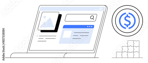 Digital marketing. Laptop screen showing media content and financial growth ation. Digital marketing connects media interfaces with business revenue. For technology, startups, finance, online