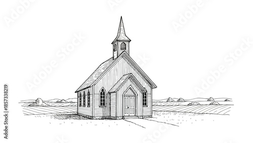 Simple minimalist drawing of a traditional rural house or chapel in a field