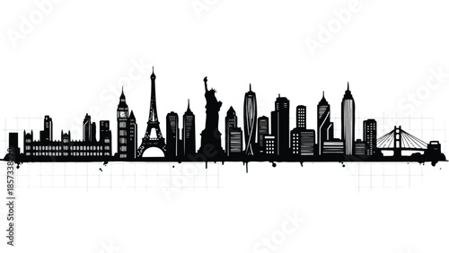 Solid black silhouette of a world landmark skyline with iconic monuments