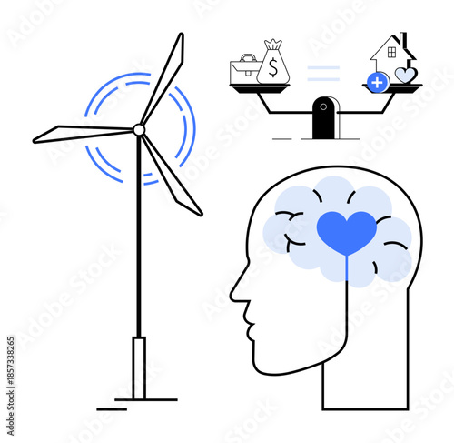 Sustainability concept. Sustainability ed by a wind turbine, human brain, and balance of finances, health, and home life. Sustainability involves renewable energy and mental health balance. Suitable